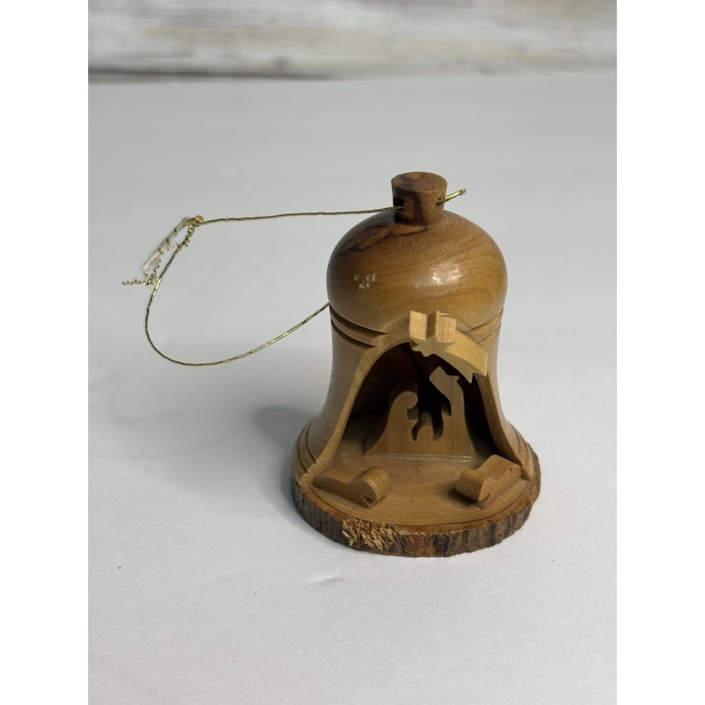 Handcrafted Wooden Christmas Ornament Bell W/ nativity scene 3.5"